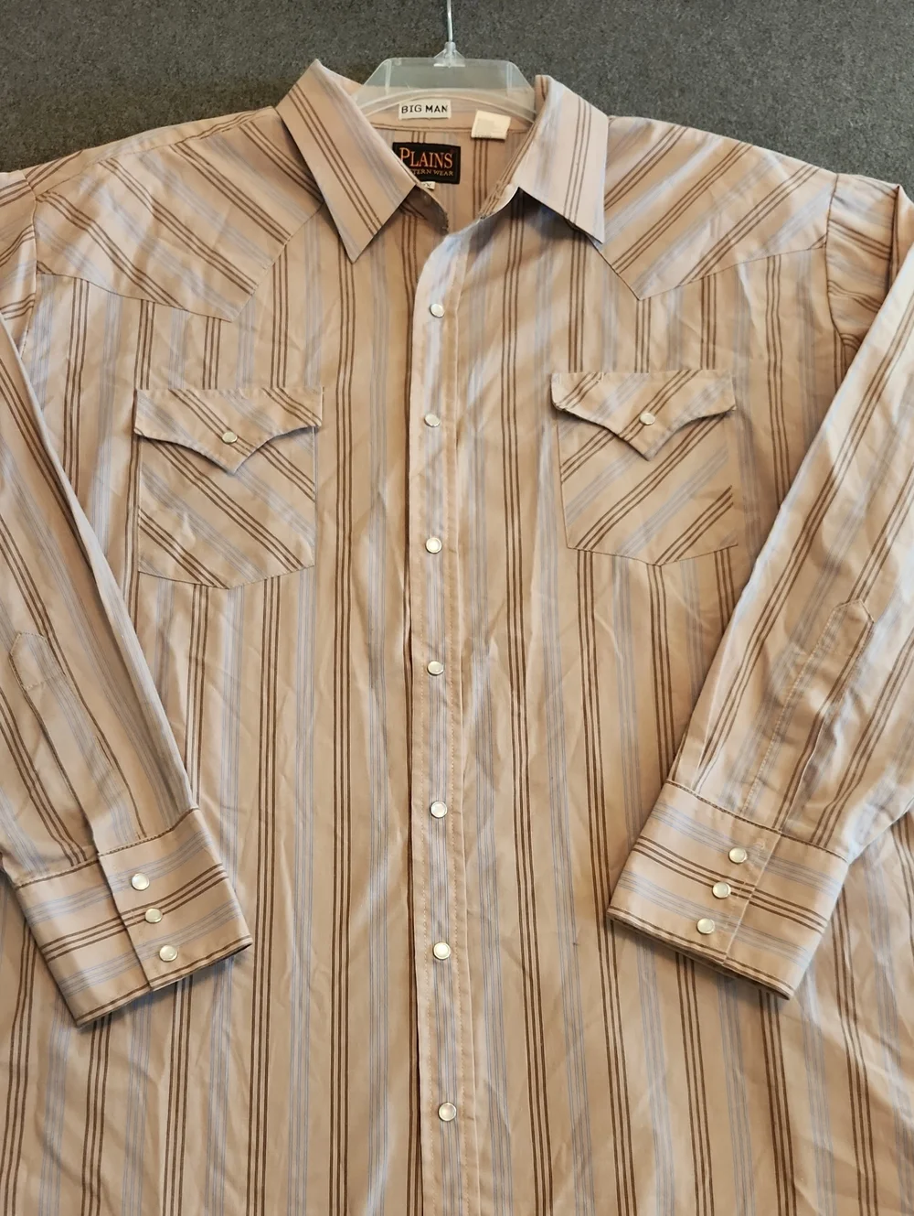 Plains Western Wear Long Sleeve Pearl Snap Tan Striped Button-Down Shirt Sze 2XL
